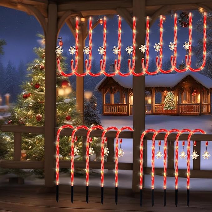 Solar Christmas Lights Outdoor Decorations, 10 Pack Solar Christmas Candy Cane Lights with Snowflake, Outdoor Waterproof Pathway Lights for Patio, Garden, Yard, Street, Park, Holiday