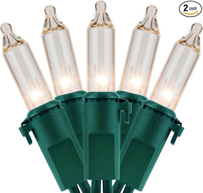 YULETIME 200 Clear Christmas Lights, Pack of 2 Sets 33 Feet 100 Count UL Certified Incandescent String Lights (Clear - Green Wire)