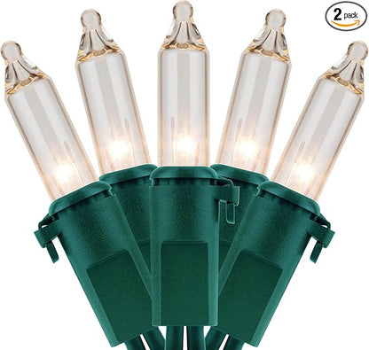 YULETIME 200 Clear Christmas Lights, Pack of 2 Sets 33 Feet 100 Count UL Certified Incandescent String Lights (Clear - Green Wire)