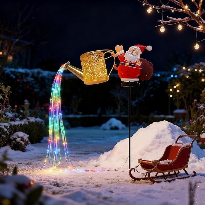 Christmas Santa Solar Kettle Lights, New Santa Claus Solar Watering Can Kettle Lights Outdoor, Metal Waterproof Garden Lantern for Yard, Patio, Lawn, Pathway Colorful Light 2pcs