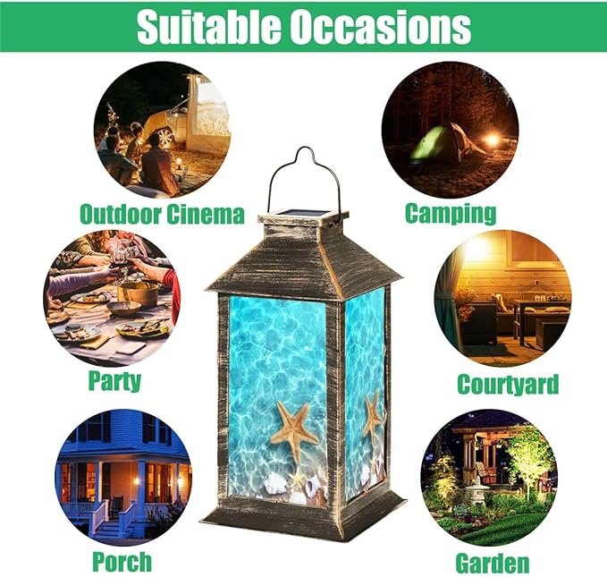 Solar Lantern Seashell Summer Beach sea Water Summer Outdoor Garden Hanging Lantern Waterproof Solar Powered Lighting Outside Table Lamp for Patio Deck Yard Camping Beach House Decor, 1 Pack