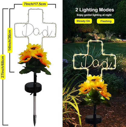 Solar Cross Sunflower Lights for Cemetery Dad, Waterproof Grave Decorations for Cemetery Dad, Sympathy Memorial Gifts for Loss of Dad for Father Day Christmas Memorial Day Grave Decor