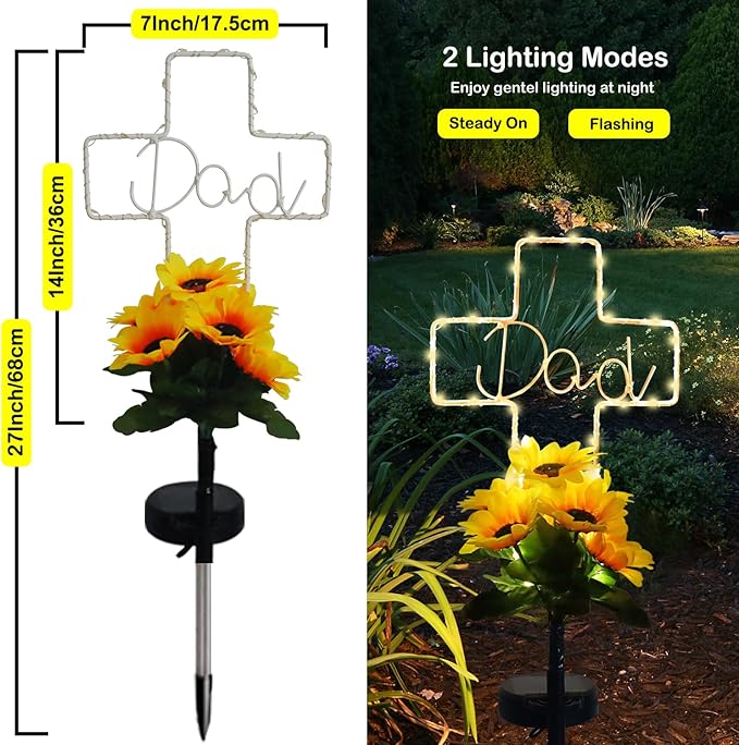 Solar Cross Sunflower Lights for Cemetery Dad, Waterproof Grave Decorations for Cemetery Dad, Sympathy Memorial Gifts for Loss of Dad for Father Day Christmas Memorial Day Grave Decor