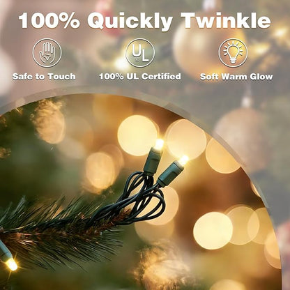 LAMPHOME 50Count String Lights, LED Christmas Lights, 6" SPACING,100% Quickly Twinkle,Green Wire,Warm White,Commercial Grade