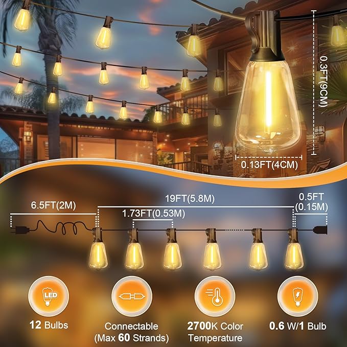 LAMPHOME Outdoor String Lights, 26FT Patio Lights with 12+1 ST38 LED Edison Bulbs (1 Spare), Connectable String | Lumora