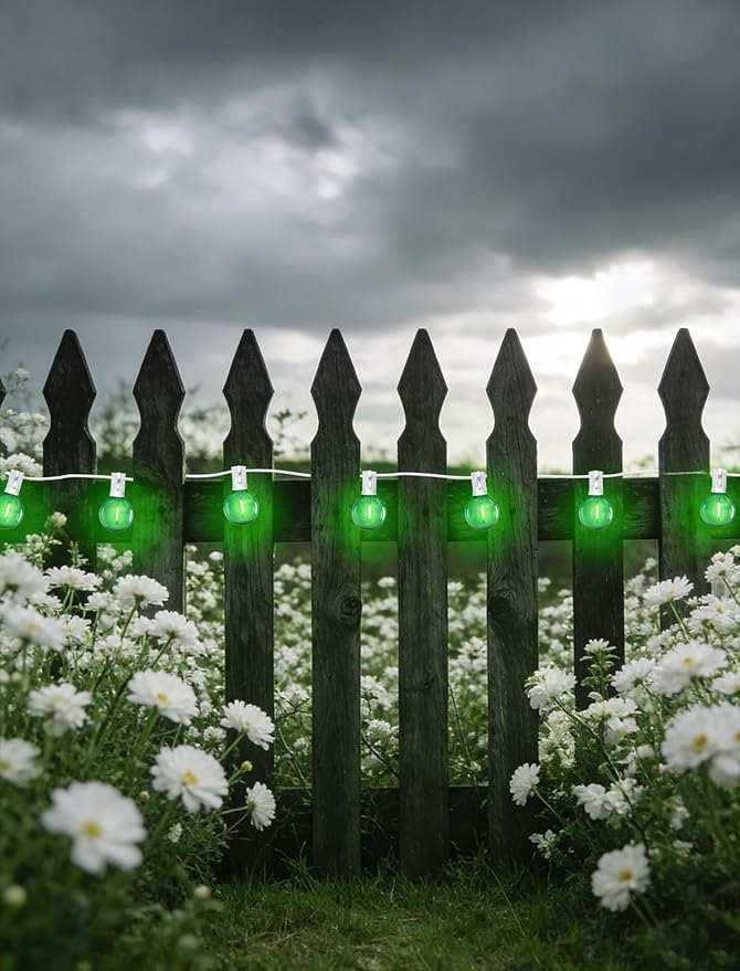 50Ft Outdoor String Lights Green Glow White Wire - Waterproof G40 LED Globe Patio Lights for St. Patrick's Day, Christmas, Garden Fence - 25 Shatterproof Bulbs, Connectable