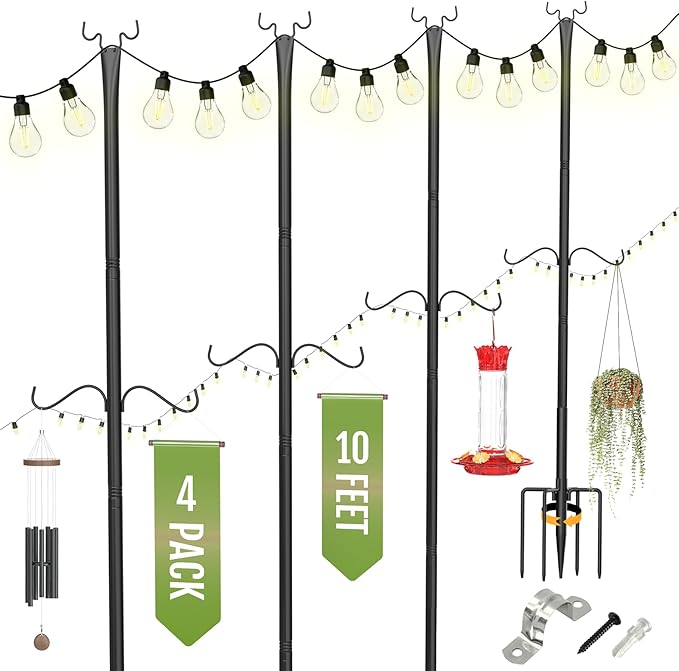 Birdream 4 Pack 10FT String Light Poles for Outside with Shepherd's Hook, Metal Pole - Outdoor Lighting Accessory | Lumora