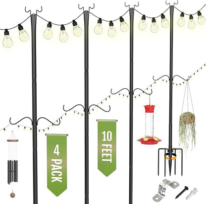 Birdream 4 Pack 10FT String Light Poles for Outside with Shepherd's Hook, Metal Pole for Wedding Party Garden Backyard Patio Decor Decoractions