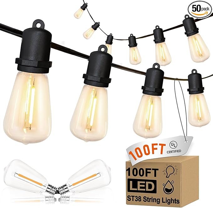 100FT Outdoor String Lights,ST38 Vintage Edison LED Patio Lights Waterproof with 52 Plastic Bulbs(2 | Lumora