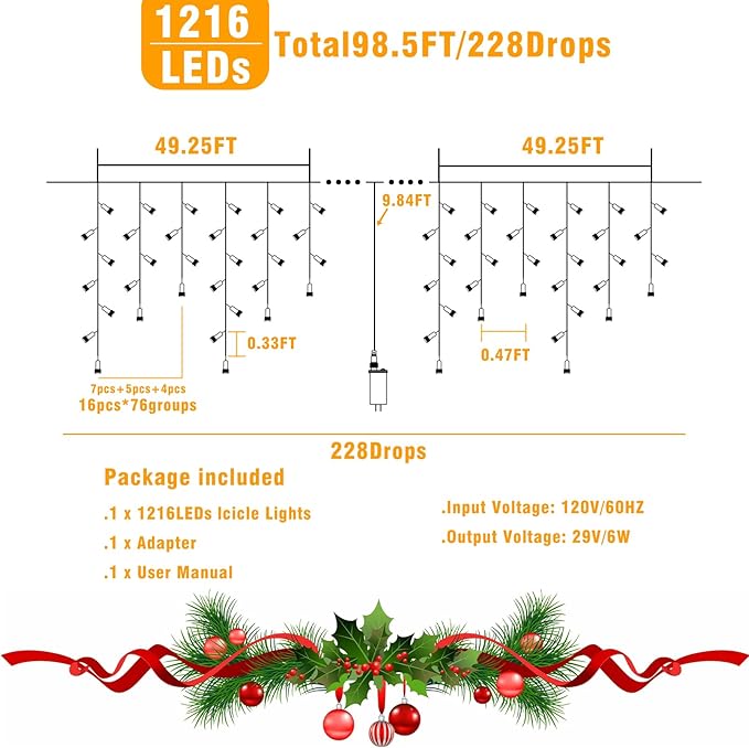 99ft Icicle Lights for Outside, Blue Christmas Lights Outdoor Indoor, 1216 LED Twinkle String Light with 228 Drops Short Curtain Lights for Thanksgiving Room Home Wall Bedroom Window Tree Decorations
