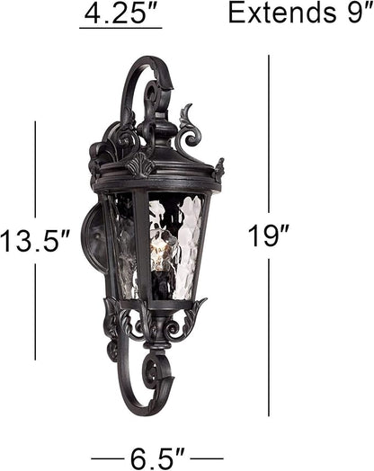John Timberland Marseille Traditional Outdoor Wall Light Fixture Black Steel Scroll 19" Clear Hammered Glass Downbridge Arm for Exterior House Porch Patio Outside Deck Garage Front Door Home