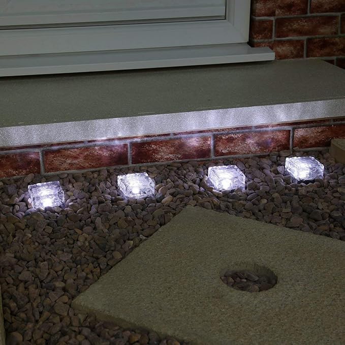 4 Pack Solar Path Ice Cube Lights Outdoor, Waterproof Glass LED Glass Clear Brick in-Groud Buried Festive Light Night Lamp for Garden Courtyard Pathway Patio Pool Pond Decoration(White)