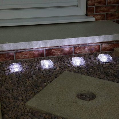 4 Pack Solar Path Ice Cube Lights Outdoor, Waterproof Glass LED Glass Clear Brick in-Groud Buried Festive Light Night Lamp for Garden Courtyard Pathway Patio Pool Pond Decoration(White)