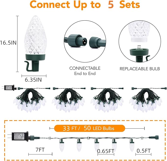 C9 LED Christmas Lights Outdoor,33 Feet 50 LED 8 Lighting Modes Waterproof Connectable Christmas String Lights for Outside Roofline Patio Home Xmas Decorations (Cool White)