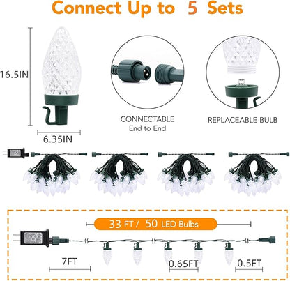 C9 LED Christmas Lights Outdoor,33 Feet 50 LED 8 Lighting Modes Waterproof Connectable Christmas String Lights for Outside Roofline Patio Home Xmas Decorations (Cool White)
