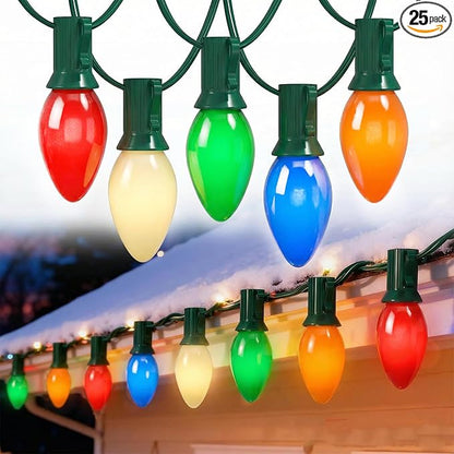 C7 LED Christmas Lights 25Ft Multicolor Christmas String Lights Outdoor with 27 Ceramic LED Light Bulbs, String Lights for Tree Decor Patio Carnival, E12 Candelabra Base Base