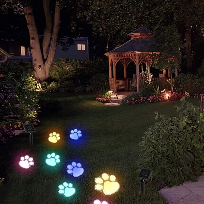 4 Solar Dog Animal Paw Print Lights Garden Statue Lantern Led Path 3" Light Lamp for Pathway,Lawn,Yard,Outdoor Decorations (Colorful)