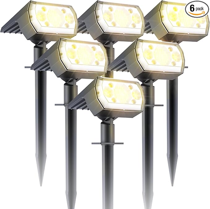 6 Packs Solar Spot Lights Outdoor, 64 LED 3000K Solar Lights Outdoor, IP67 Waterproof, Adjustable Brightness Dusk | Lumora