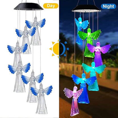 Solar Mobile Lights Hanging Wind Chime, Color Changing Outdoor Solar Garden Decorative Lights for Walkway Pathway Backyard Decoration Parties (Blue Wing Angel)