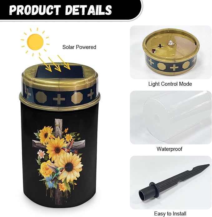 Cross-Sunflower Solar Lights Outdoor Garden Stake Lights Waterproof Cemetery Solar Lights for Grave Landscape Lighting Outdoor Table Lamp Flameless Lights Warm White LED Lantern