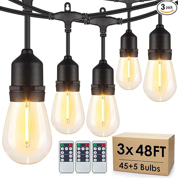 144FT(3 * 48FT) Outdoor String Lights with Remote, Dimmable Patio Lights with 45+5 LED Bulbs 3 Modes 4 Timers for | Lumora