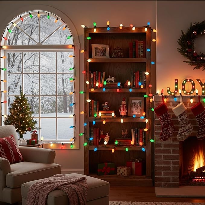 25Ft Outdoor Multicolor Ceramic Christmas String Lights,C9 Vintage Opaque Christmas String Lights for Patio Garden Xmas Tree Decoration,C9/ E17 Candelabra Base, Green Wire