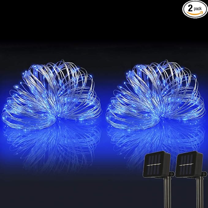 woohaha Solar String Lights, 2PACK 33ft 100 LED Blue Copper Wire Lights, Waterproof Fairy Decoration Starry String Lights - 8 Modes, Indoor/Outdoor for Gardens, Patios, Homes, Parties(Blue,2PCS)
