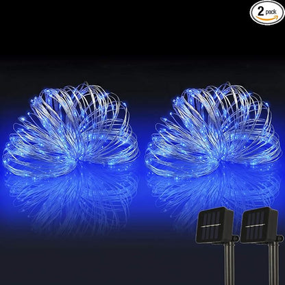woohaha Solar String Lights, 2PACK 33ft 100 LED Blue Copper Wire Lights, Waterproof Fairy Decoration Starry String Lights - 8 Modes, Indoor/Outdoor for Gardens, Patios, Homes, Parties(Blue,2PCS)