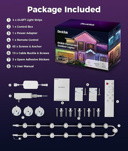 Permanent Outdoor Lights, 100ft RGB & 60pcs LED Lights, 79 Scene Modes with Timer for Smart Outdoor Decorations, IP67 Waterproof Works with Alexa and Google