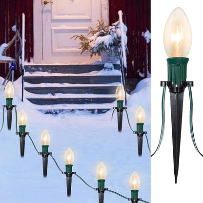 SUNSGNE Christmas Pathway Lights Outdoor - 38FT Vintage Christmas Lights with 25 C9 Clear Bulbs and 25 Plastic Stakes for Walkway, Sidewalk, Lawn, Path, Garden Decor
