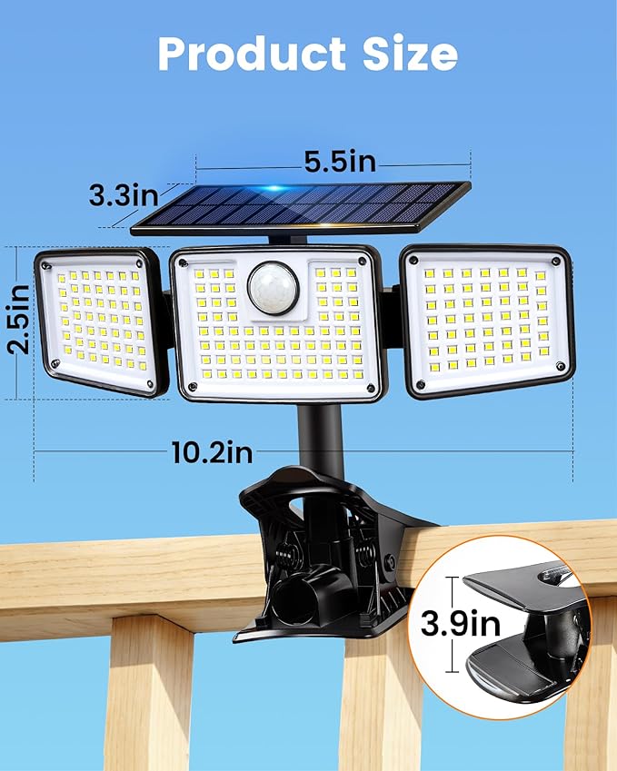 1500LM Clip On Solar Lights Outdoor, Motion Sensor Outdoor Lights with 270° Wide Angle & Remote Contral, 3 Heads | Lumora