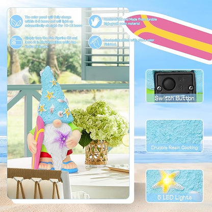 Womens Gifts Solar Garden Outdoor Statues Gnome with Surfboard and 5 LED Lights - Unique Housewarming Gifts Lawn Decor Statue for Patio, Balcony, Yard Ornament- Chrismtas Gifts for Mom Grandma