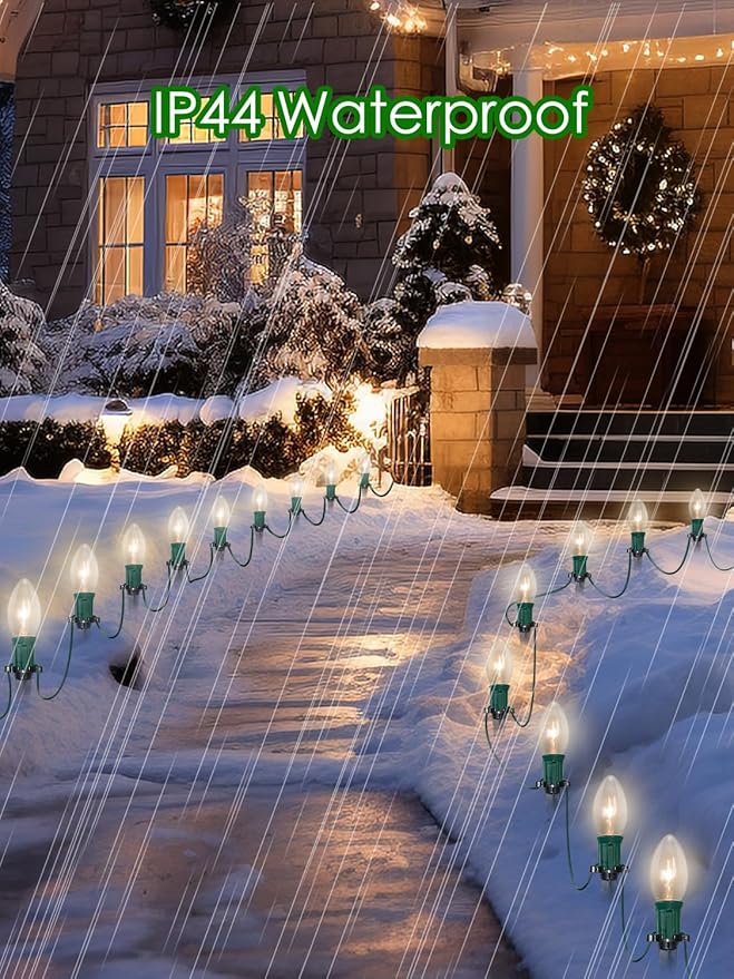 SUNSGNE Christmas Pathway Lights Outdoor - 38FT Vintage Christmas Lights with 25 C9 Clear Bulbs and 25 Plastic | Lumora