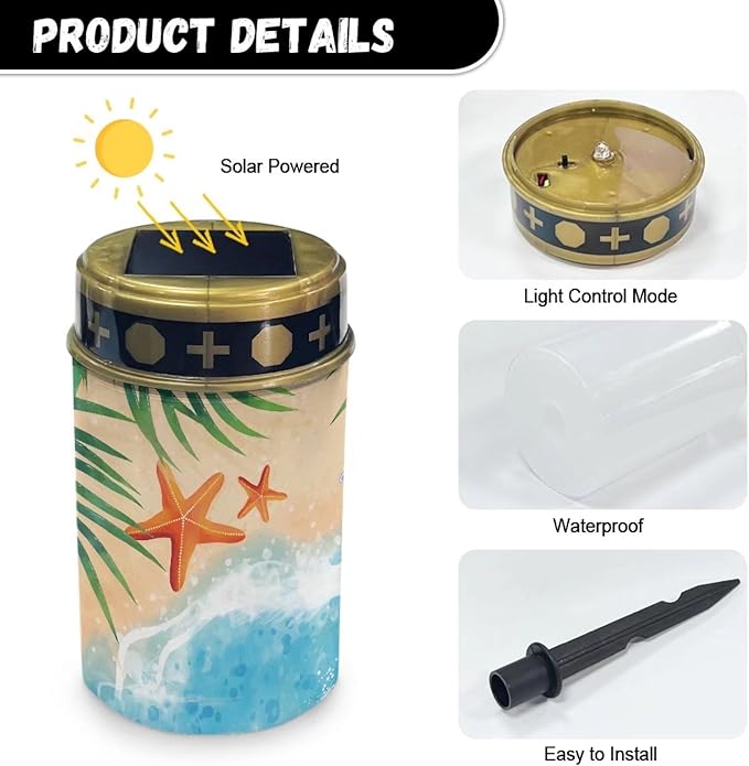Beach Element Solar Dusk to Dawn Lights Outdoor Waterproof Solar Memorial Lights for Graves Eternal Light Solar Powered Light,Cemetery Decor Candle Lamp Grave Decorations