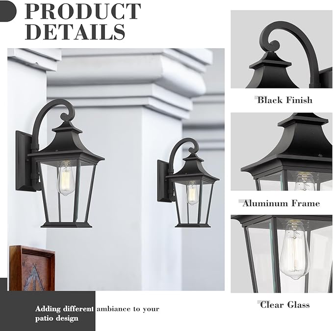 Emliviar Outdoor Wall Lantern, 1-Light Exterior Wall Mount Light with Clear Glass in Black Finish, 18" Height | Lumora