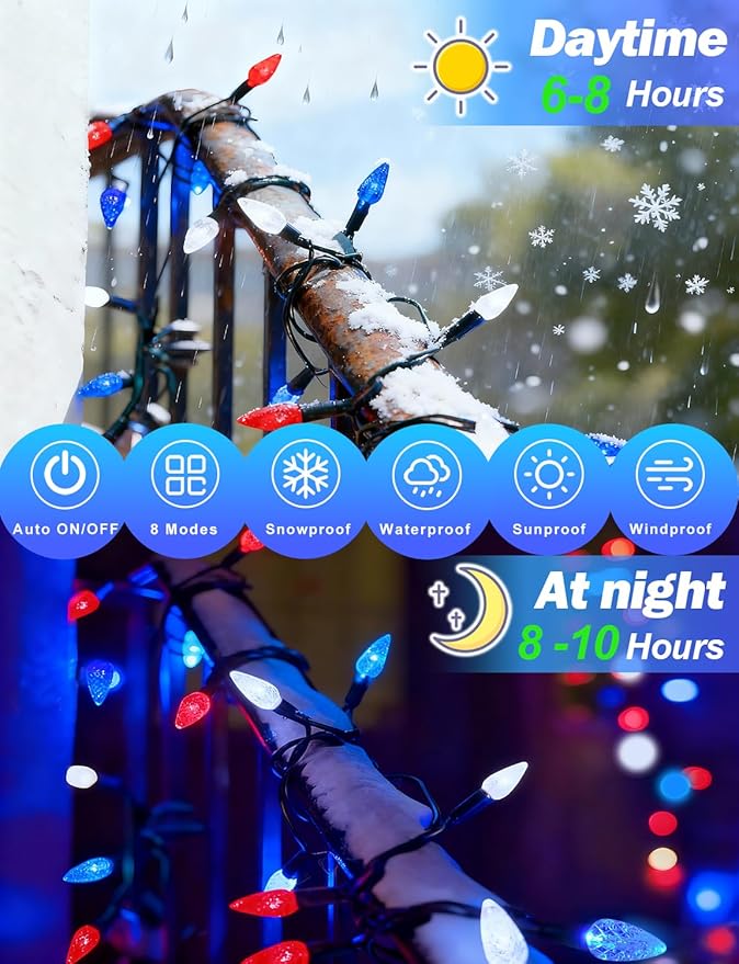 2 Pack 4th of July Decorative Lights Outdoor C6 Strawberry String Lights Red White Blue Fairy Lights 50 LED Solar Operated Rechargeable Garden Lights for Christmas Tree Arbor Decor