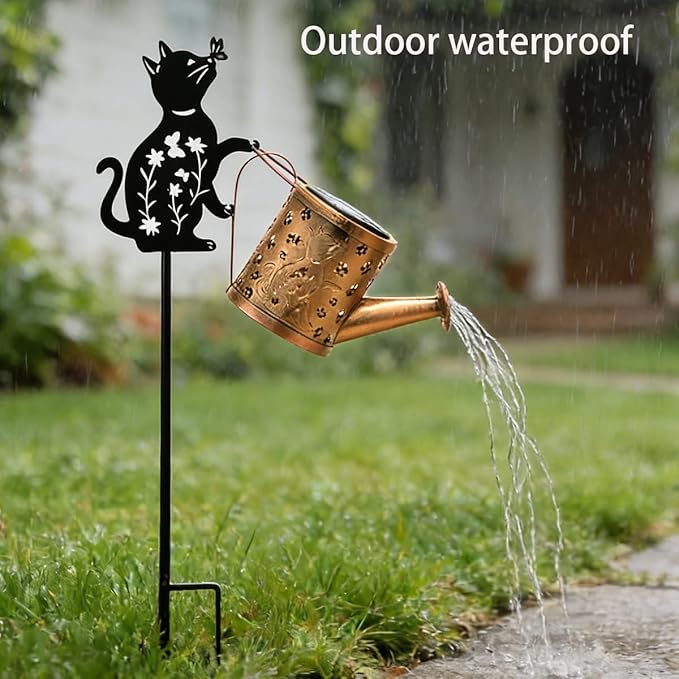 Solar Outdoor Garden Decorative, Watering Can with Light, Featuring Metal Cat Silhouette Garden Stake, Mother's Day Gift for Women, Waterproof Garden Decor (1 Pc Cat Watering Can Light)