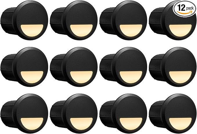 GKOLED Low Voltage Recessed LED Step Riser Light, Diameter 1" Mini Size, Landscape Lighting for Outdoor Deck Stair Railing Post, Die-cast Aluminum, 9-15V, 3000K, Black, 12-Pack, Gen 2