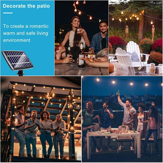 Lightdot 100FT Solar Outdoor String Lights, Waterproof Cafe Patio Lights with Shatterproof LED Bulbs, 2700K Warm | Lumora