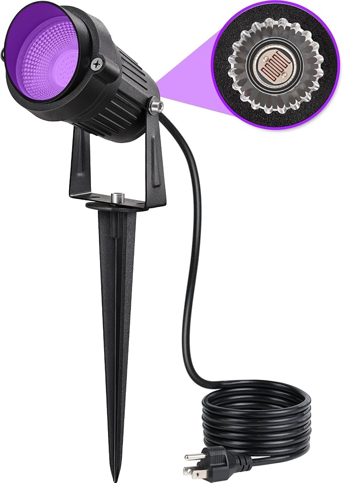 SUNVIE 1 Pack Halloween Spotlights Outdoor Black Light with Photocell Sensor 10W Blacklight Spotlight Waterproof LED Black Light Halloween Spot Lights 120V Purple Spotlight for Glow Party Fluorescent