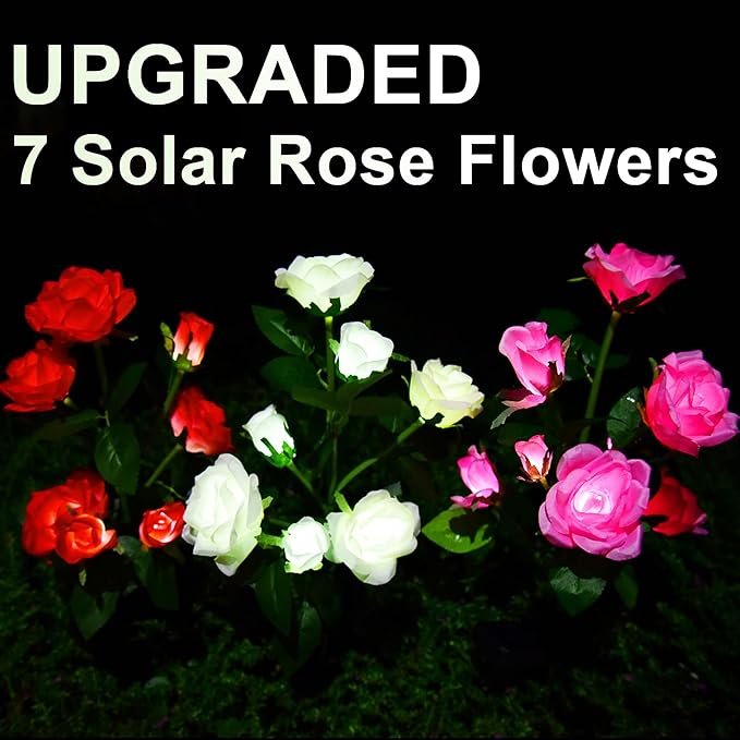 Upgraded 4 Pack White Outdoor Solar Powered 7 Rose Flowers Garden Stake Light, LED Solar Powered Light Decorative Flower Lamp, Waterproof Solar Decorative Light for Garden Yard Patio Pathway Light