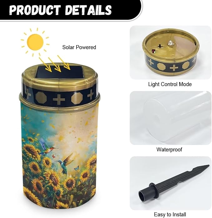 Sunflower Hummingbird Grave Solar Lights Auto On/Off Outdoor Solar LED Waterproof Street Light Dustproof Solar Garden Lights for Desk Patio Patio Landscape Holiday Decoration