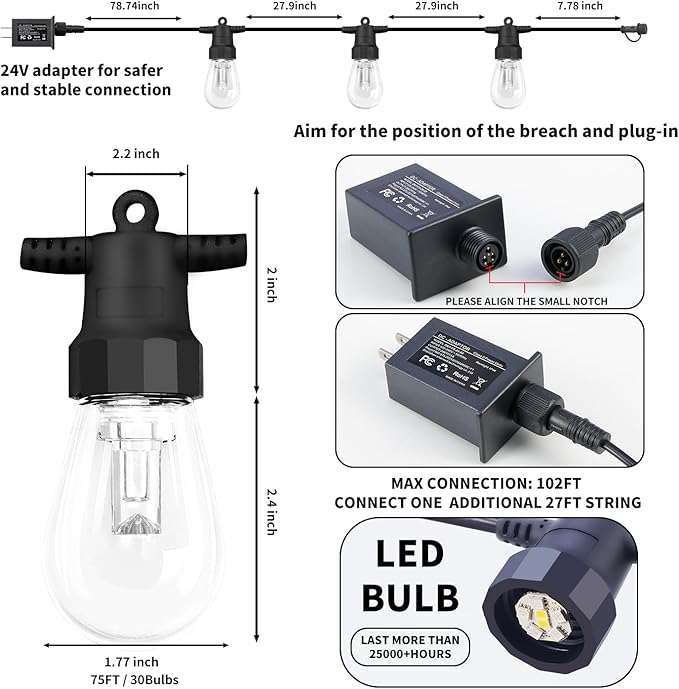 Outdoor String Lights 75FT, Outdoor Lights for Patio with 30 Dimmable RGBW LED Bulbs, IP66 Waterproof Shatterproof | Lumora