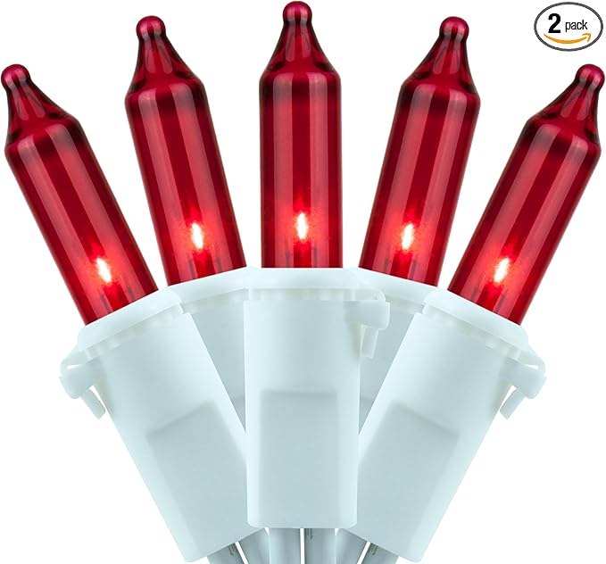 YULETIME 200 Red Christmas Lights, Pack of 2 Sets 33 Feet 100 Count UL Certified Incandescent String Lights (Red - White Wire)