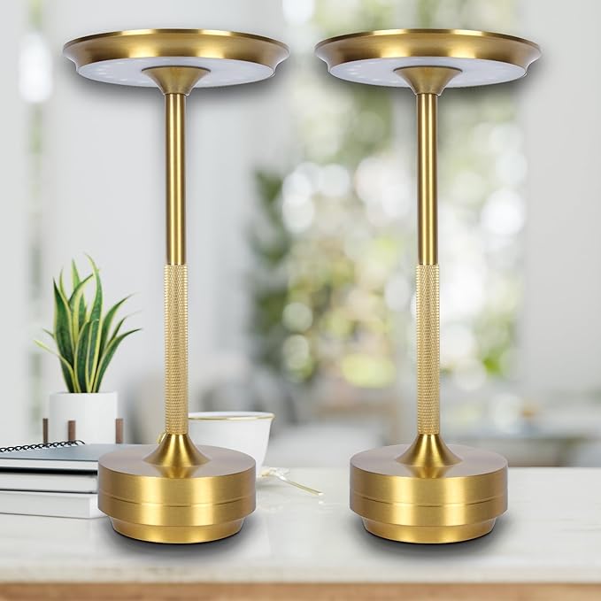 2 Pack Cordless Table Lamps Rechargeable, Portable Battery Operated Lamp, Stepless Dimming LED Table Light with Memory Function, for Outdoor/Dinner/Patio/Restaurant - Gold