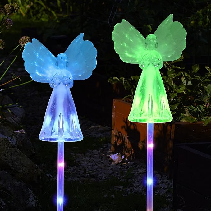 2 Pack Solar Angel Lights Outdoor, Solar Powered Color Changing Garden Stake Lights, Waterproof Memorial Decorative Lights for Cemetery Grave Yard Patio
