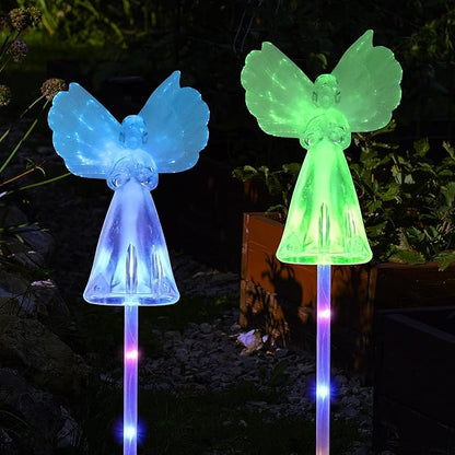 2 Pack Solar Angel Lights Outdoor, Solar Powered Color Changing Garden Stake Lights, Waterproof Memorial Decorative Lights for Cemetery Grave Yard Patio