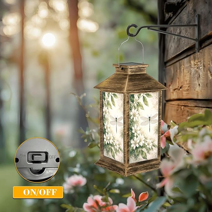 Solar Lantern Outdoor Waterproof Vintage Dragonfly Botanical Retro Dragon Fly Leaves White Flowers Garden Decor LED Solar Lights Hanging/Tabletop Lamp Gifts for Women Mom for Outside Yard Patio