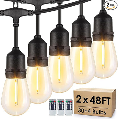96FT(2 * 48FT) Outdoor String Lights with Remote, Dimmable Patio Lights with 30+4 Bulbs 3 Modes 4 Level Timers for Balcony Porch, Black 2 Pack
