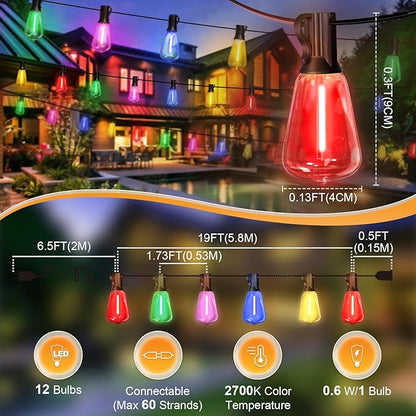LAMPHOME Outdoor String Lights, 26FT Patio Lights with 12+1 ST38 LED Edison Bulbs (1 Spare), Connectable String Lights for Outside, Dimmable Hanging Light for Backyard Porch Decor, Multicolor